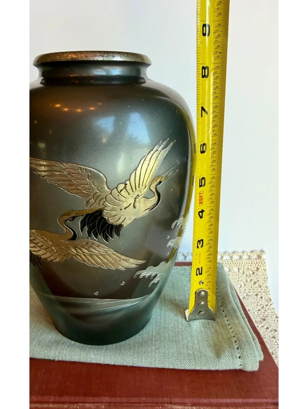 Vintage Japanese Metal Vase Cranes Herons Etched Waves Made in Japan 8.5
